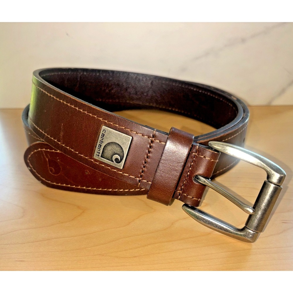Carhartt Brown Leather Belt Men's Size 46 USA Cowhide Workwear Casual Western